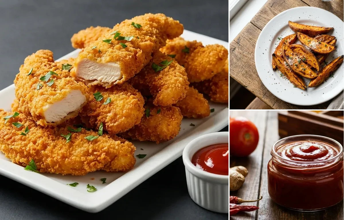 Chicken Fingers with Sweet Potato Wedges and Tomato Ketchup