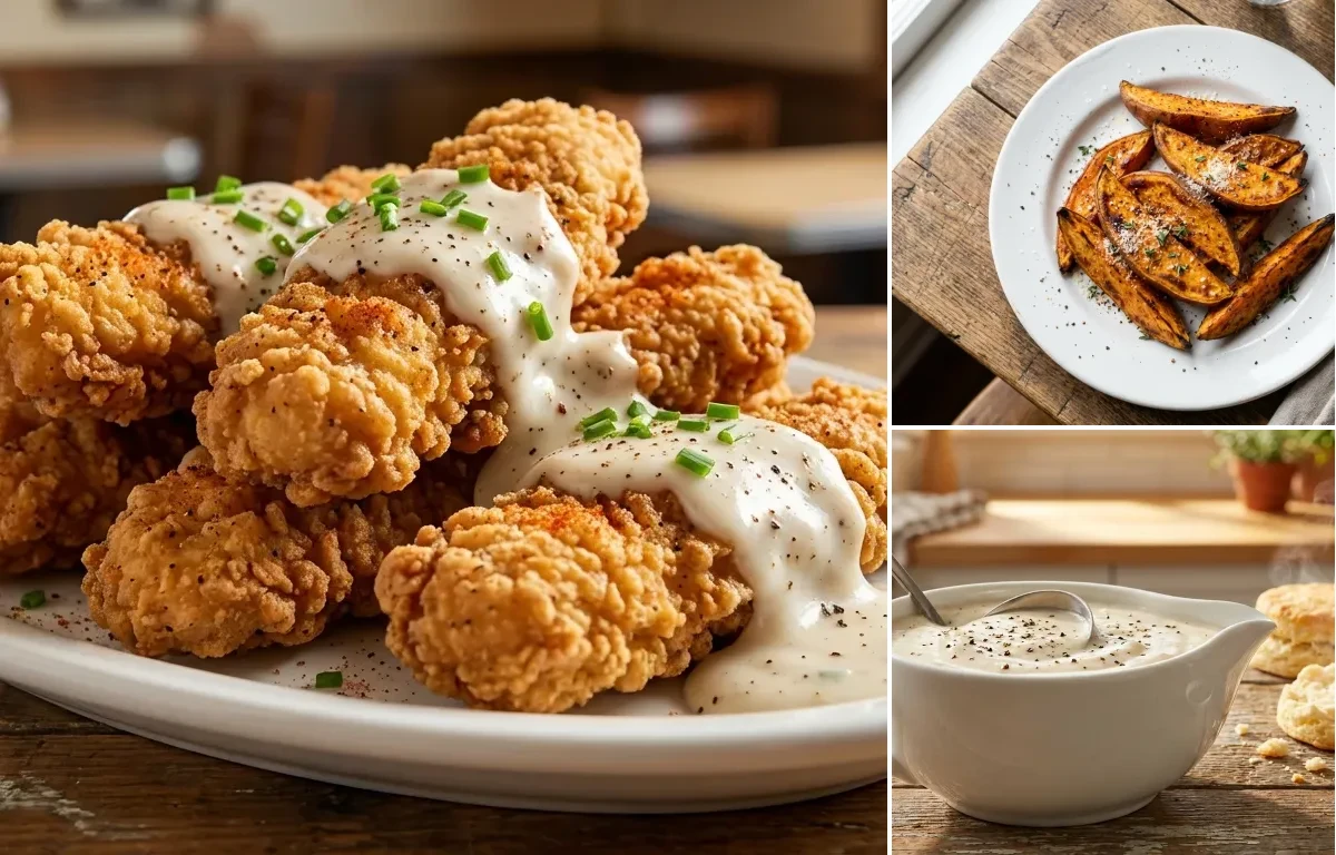 Chicken Fried Steak Fingers with Sweet Potato Wedges and Cream Gravy