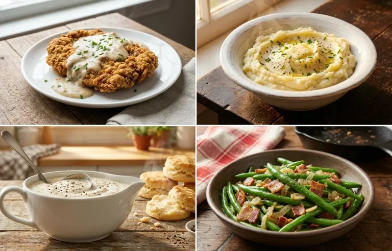 Chicken Fried Steak with Mashed Potatoes, Cream Gravy and Sauteed Green Beans with Bacon
