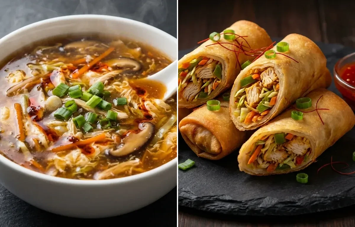 Chicken Hot and Sour Soup with Chicken Spring Roll