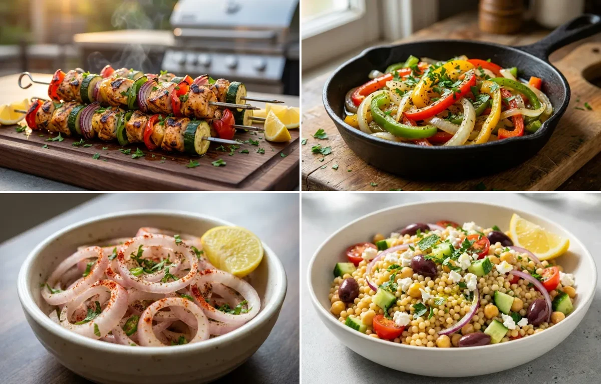 Chicken Kabobs with Sauteed Bell Peppers and Onions, Laccha Pyaaz and Couscous Salad