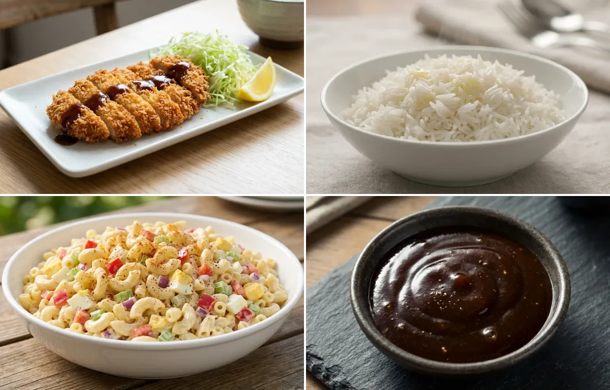 Chicken Katsu with Steamed Basmati Rice, Macaroni Salad and Tonkatsu Sauce