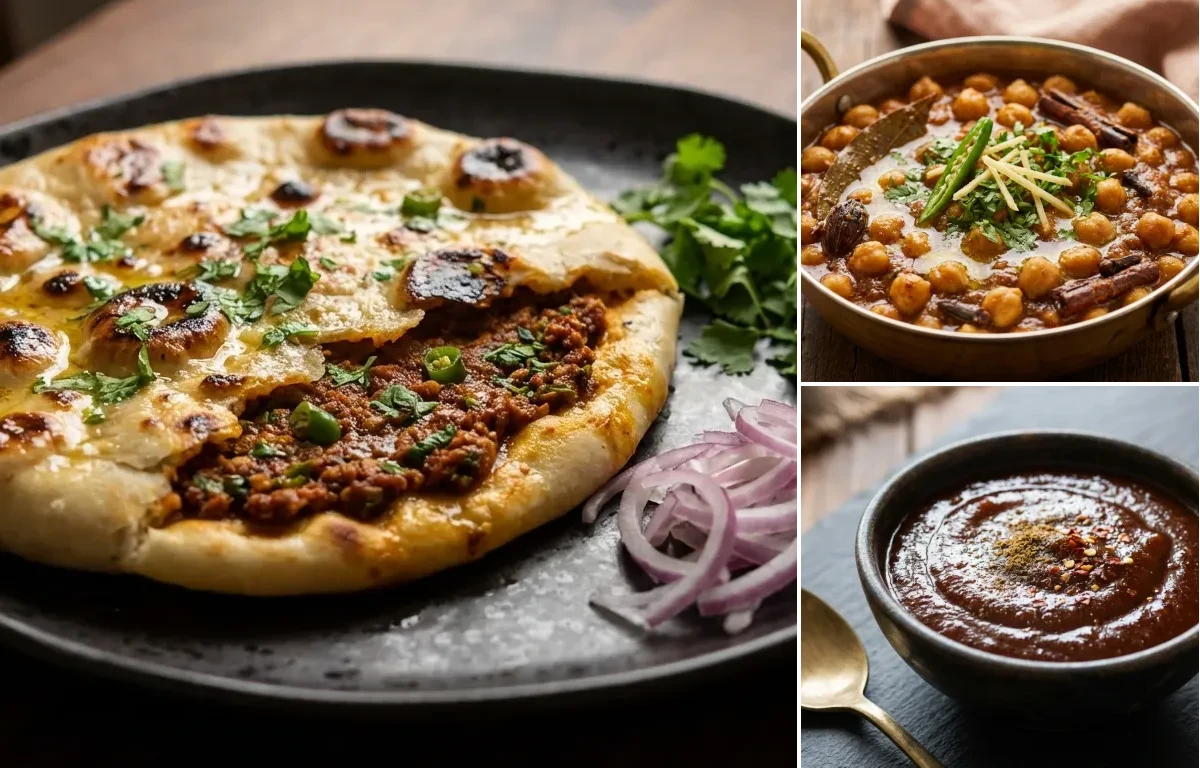 Chicken Keema Kulcha with Punjabi Chole Masala and Tamarind Chutney