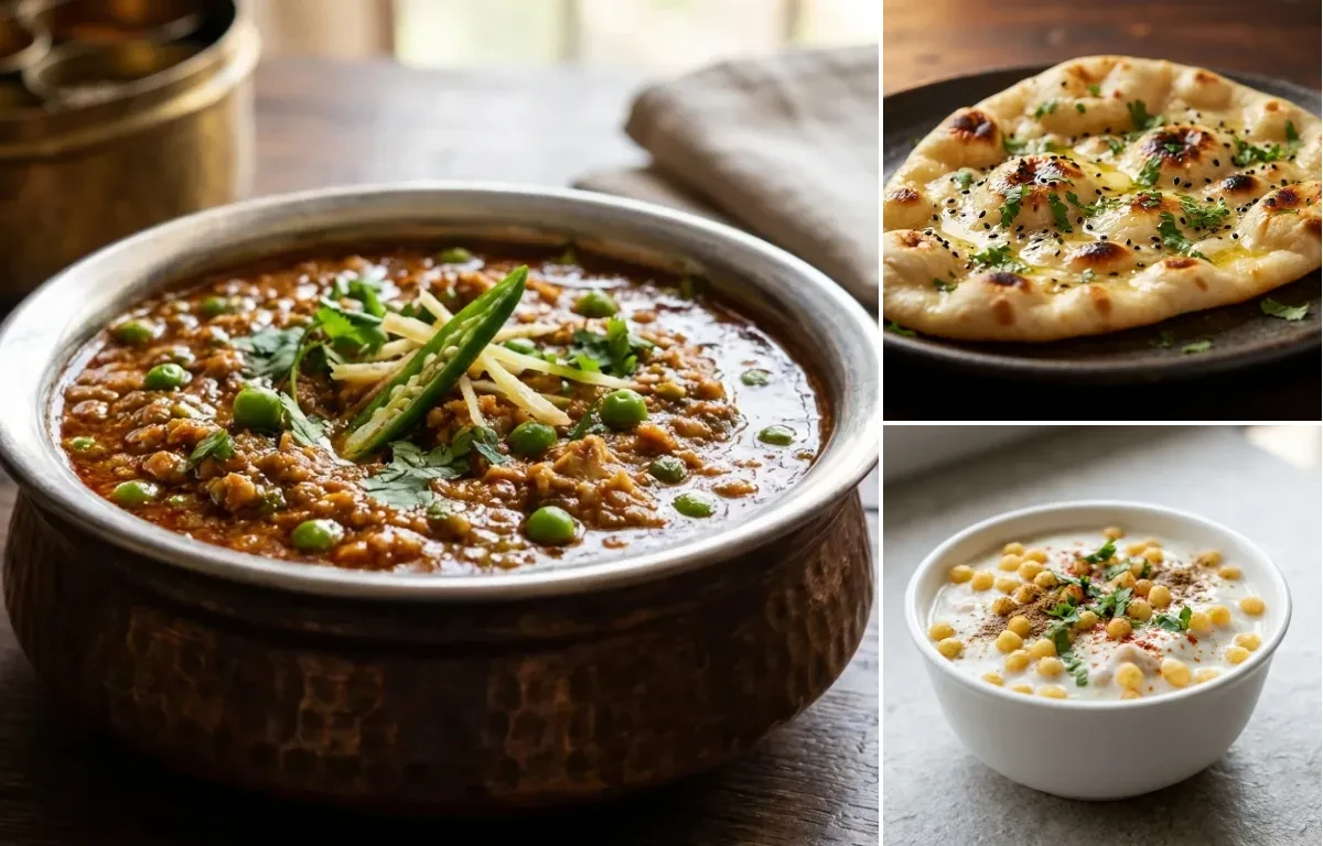 Chicken Keema Matar with Naan and Boondi Raita