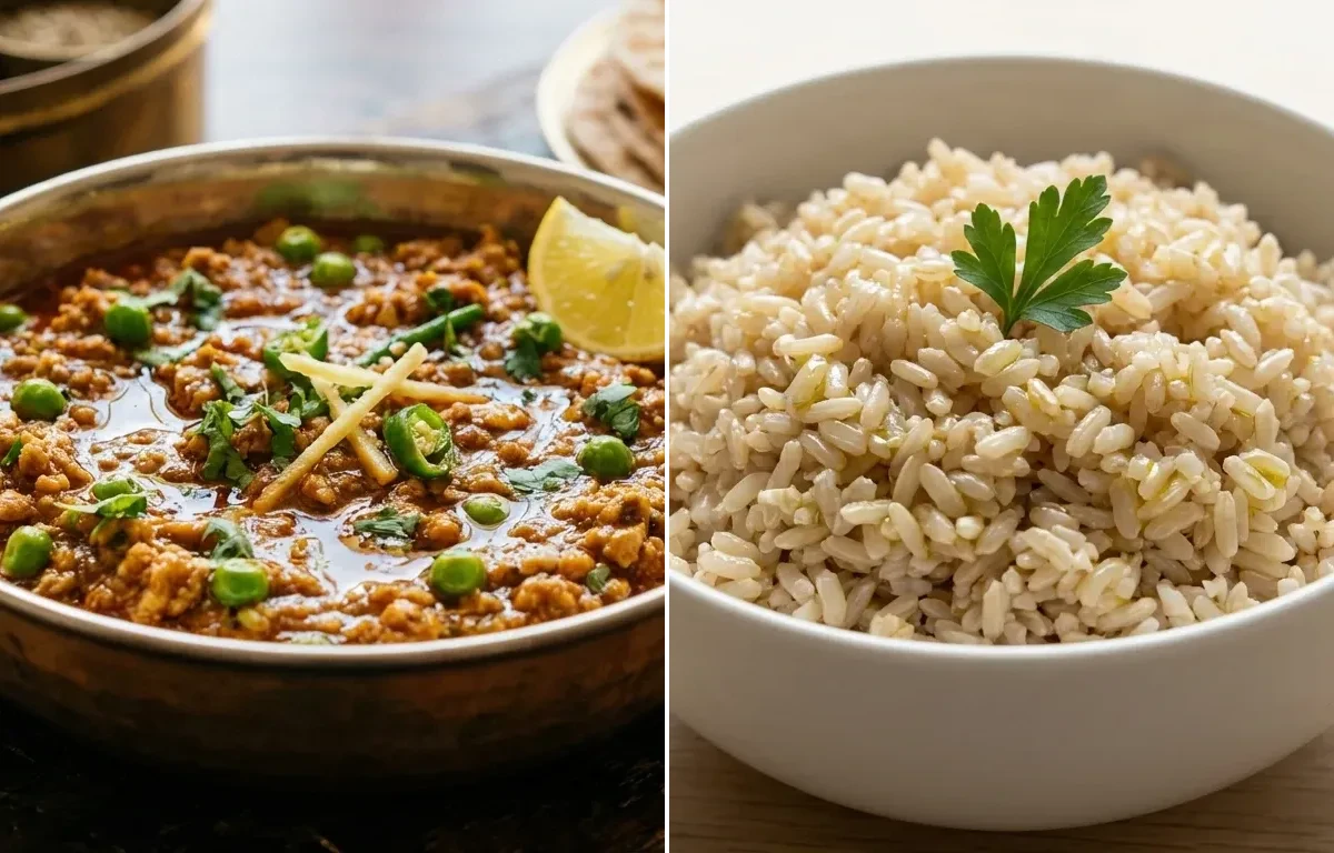 Chicken Keema with Steamed Steamed White Rice and Dhokla Mini Snack