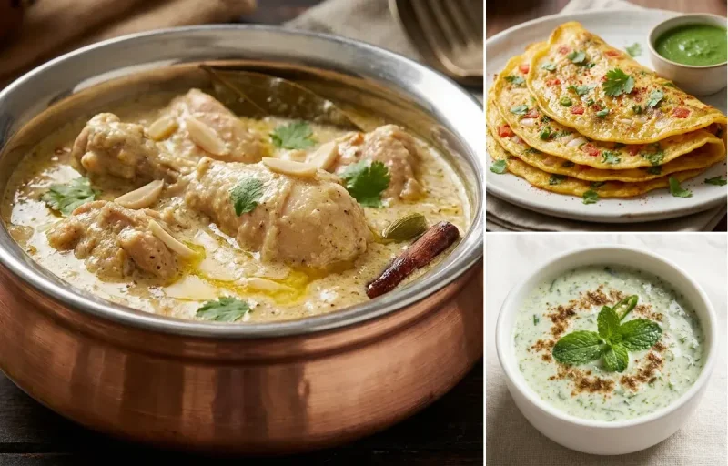 Chicken Korma with Moong Dal Chilla, Phulka and Mint Raita