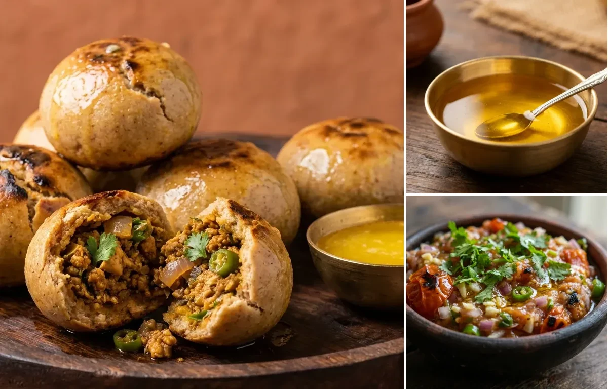 Chicken Litti with Ghee and Tomato Chokha