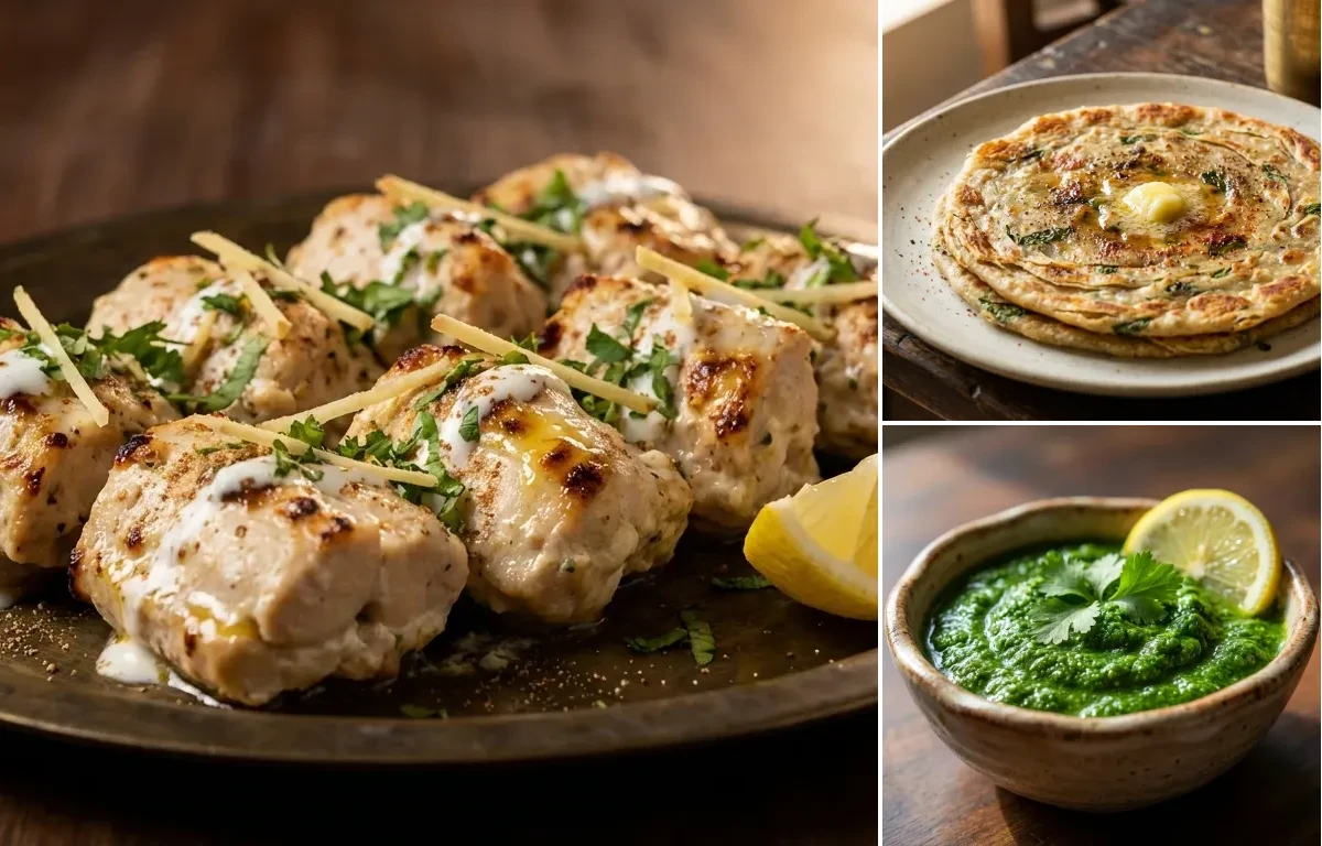 Chicken Malai Tikka with Pudina Paratha and Coriander Chutney