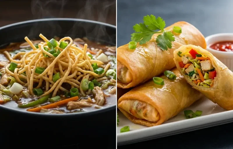 Chicken Manchow Soup with Chicken Spring Rolls