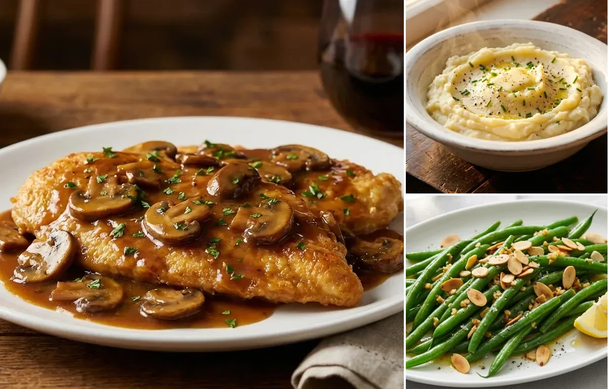 Chicken Marsala with Mashed Potatoes and Garlic Green Beans