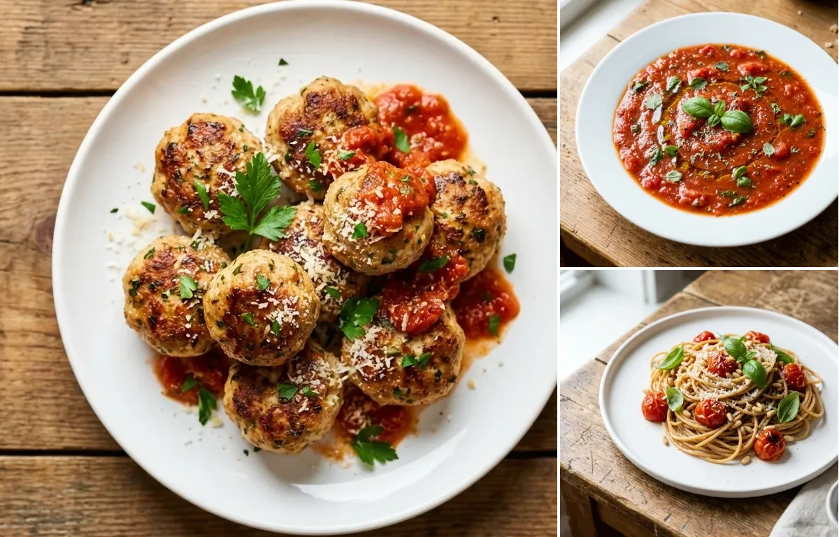 Chicken Meatballs with Herbed Tomato Sauce and Whole Wheat Spaghetti