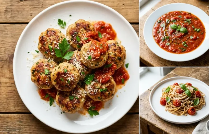 Chicken Meatballs with Herbed Tomato Sauce and Whole Wheat Spaghetti