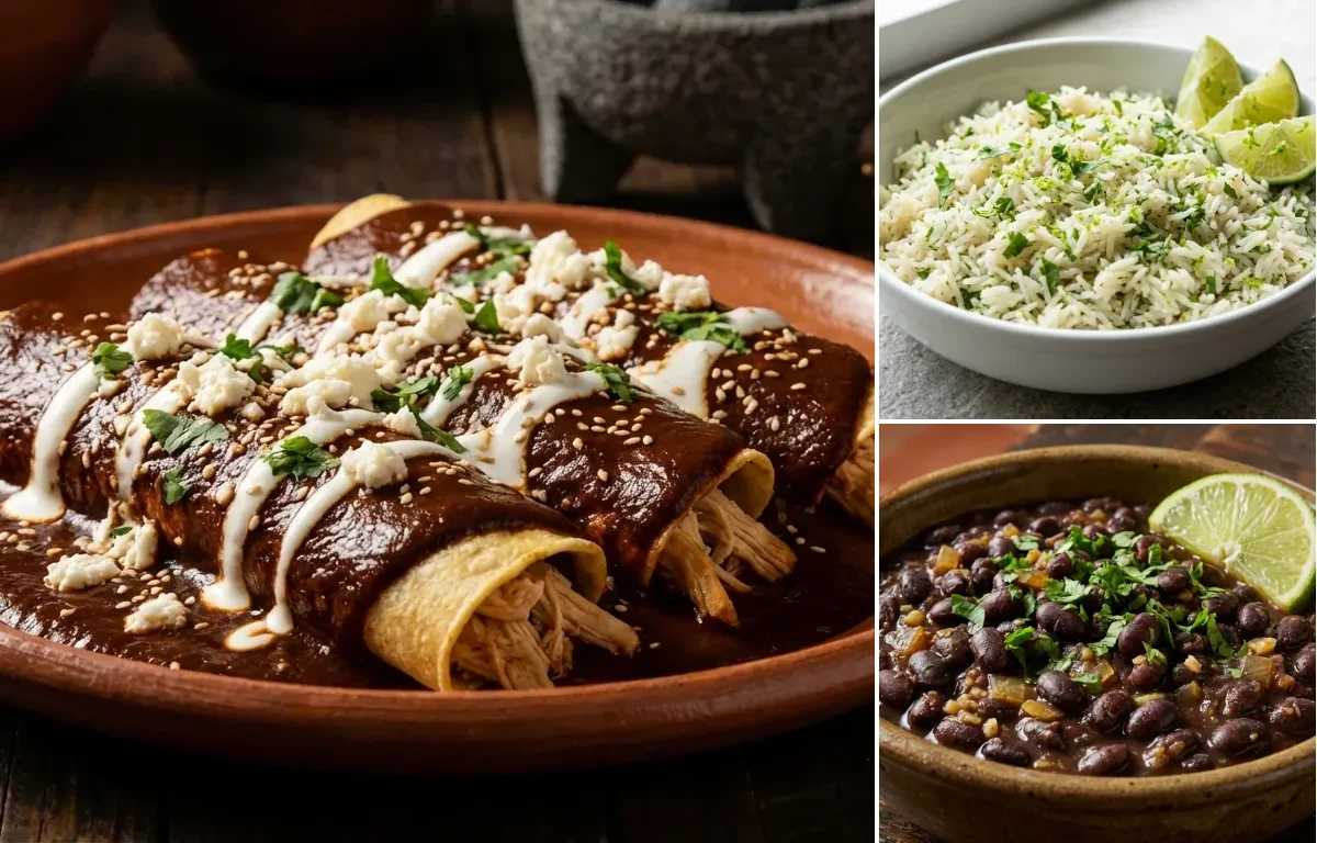 Chicken Mole Enchiladas with Cilantro Lime Rice and Savory Black Beans