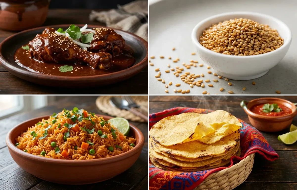 Chicken Mole Poblano with Toasted Sesame Seeds, Mexican Rice and Corn Tortillas
