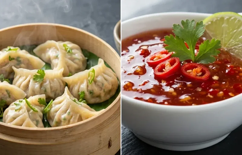 Chicken Momos with Sweet Chili Dip