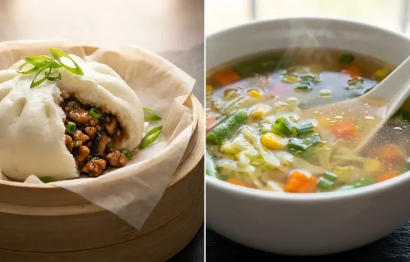 Chicken Mushroom Bao with Vegetable Clear Soup