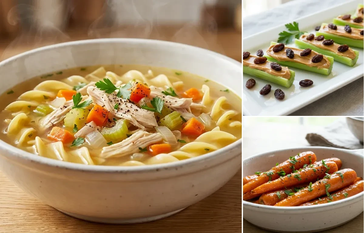 Chicken Noodle Soup with Ants on a Log and Glazed Carrots