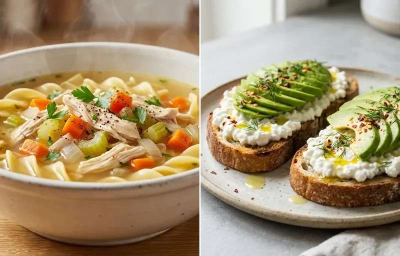 Chicken Noodle Soup with Avocado Toast Mini and Avocado Cottage Cheese Toast