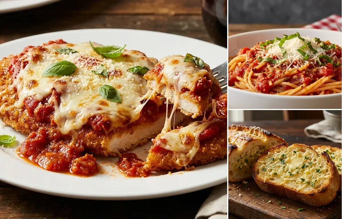 Chicken Parmesan with Spaghetti Marinara and Garlic Bread