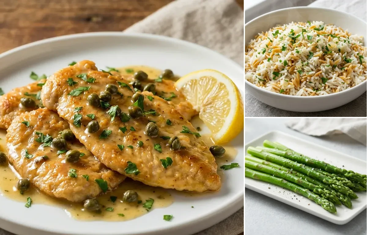 Chicken Piccata with Rice Pilaf and Steamed Asparagus