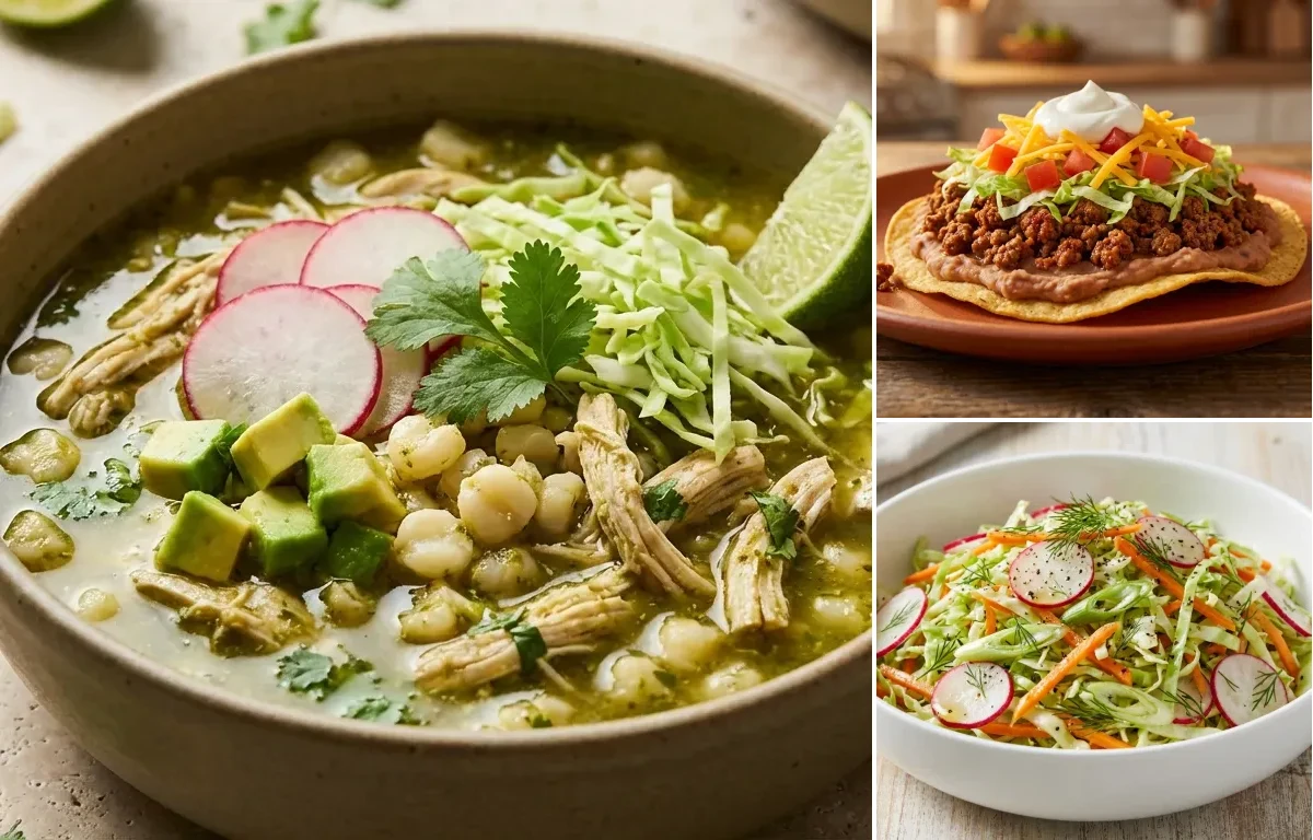 Chicken Pozole Verde with Ground Beef Tostadas and Cabbage and Radish Slaw