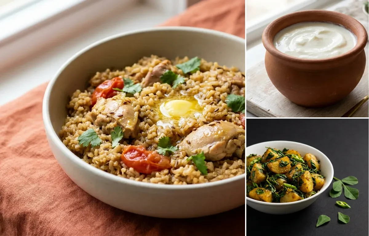 Chicken Khichdi with Curd with Methi Aloo