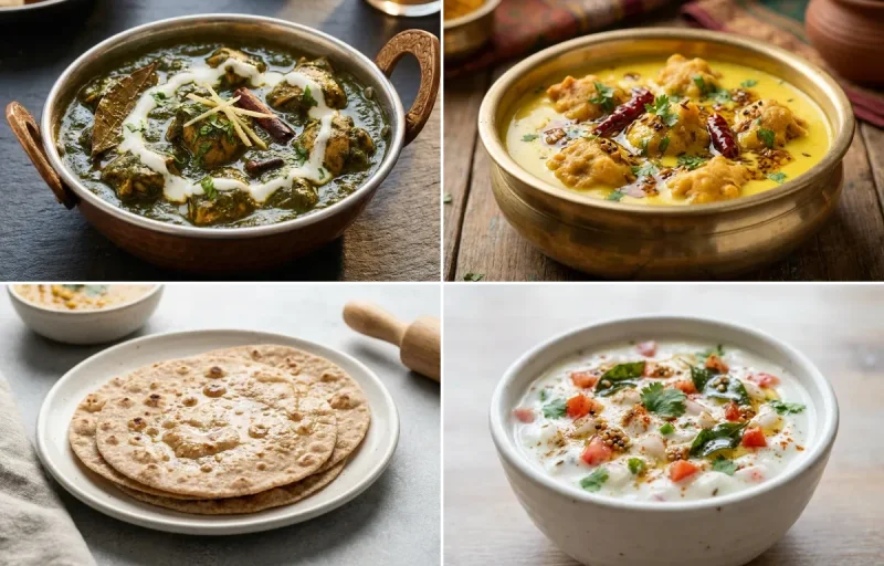 Chicken Saag with Kadhi Pakora, No-Salt Whole Wheat Roti and Onion Tomato Raita