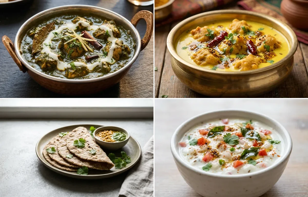 Chicken Saag with Kadhi Pakora, Vegan Jowar Roti and Onion Tomato Raita