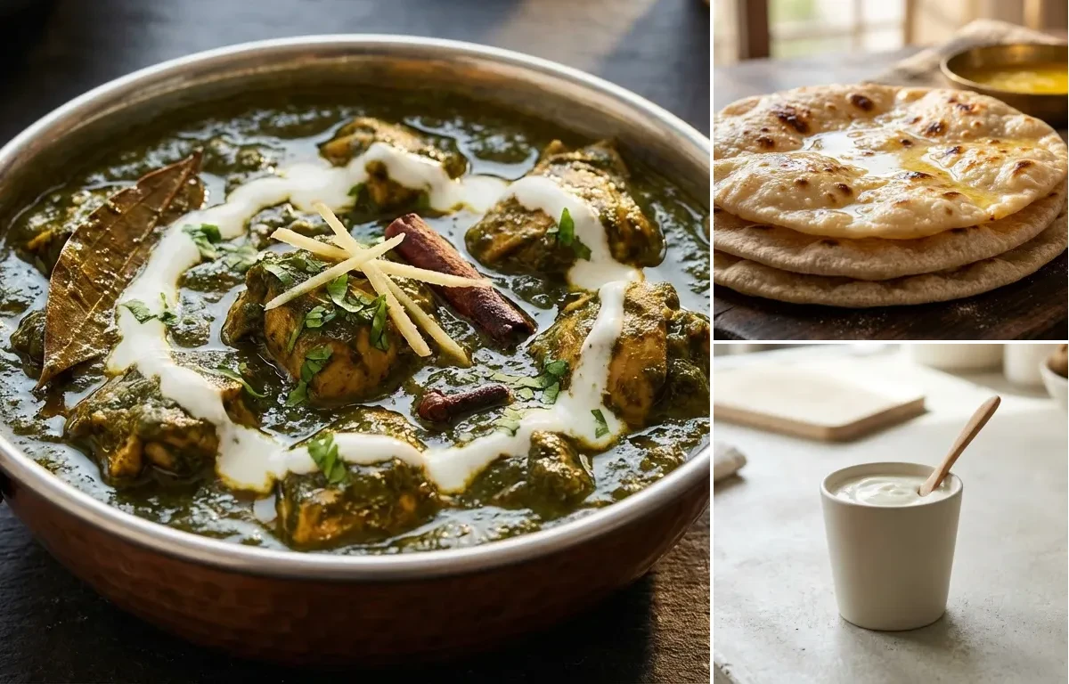 Chicken Saag with Toor Dal Tadka, Chapati and Plain Yogurt Cup