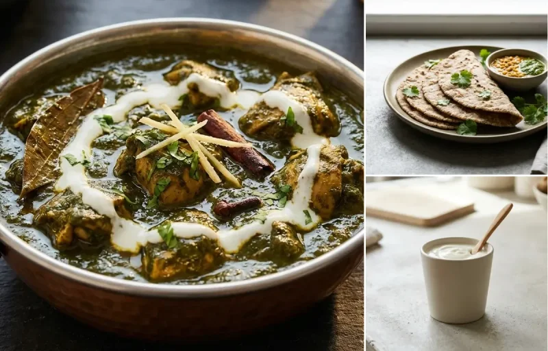Chicken Saag with Toor Dal Tadka, Vegan Jowar Roti and Plain Yogurt Cup