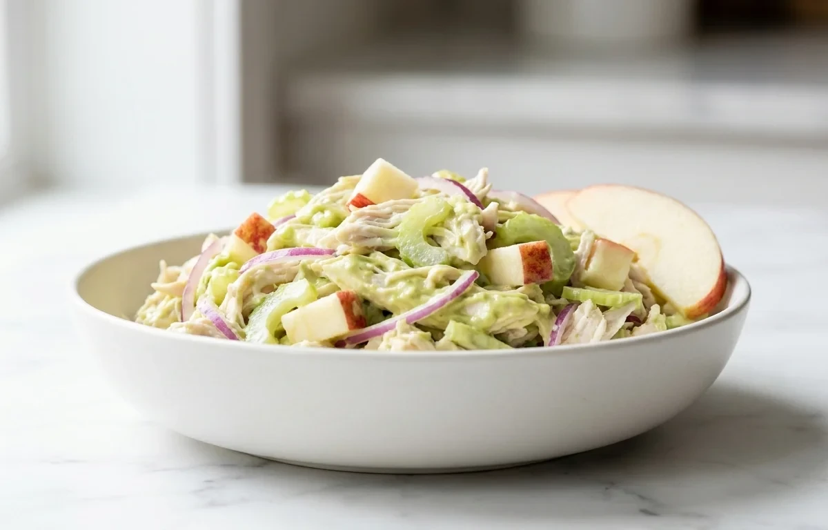 Chicken Salad over Greens with Avocado Walnuts and Apple