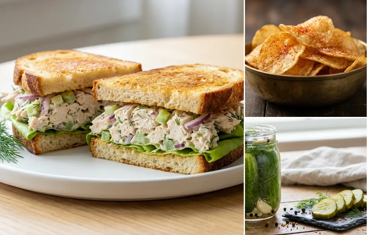 Chicken Salad Sandwich with Potato Chips and Dill Pickles