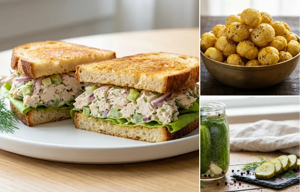 Chicken Salad Sandwich with Roasted Makhana and Dill Pickles