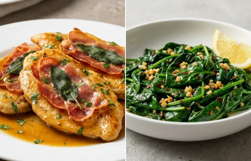 Chicken Saltimbocca with Sauteed Spinach with Garlic