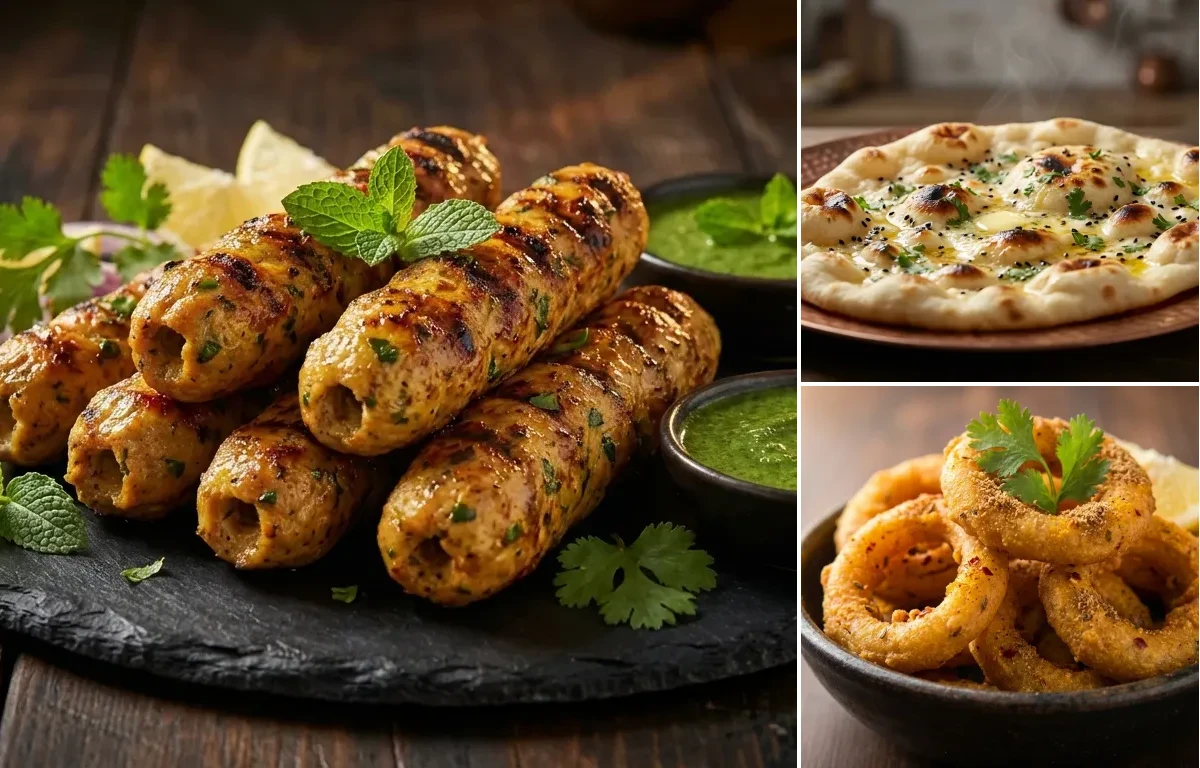 Chicken Seekh Kebab with Butter Naan and Indian Onion Rings