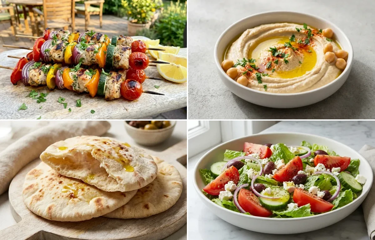 Chicken Skewers with Hummus, Pita Bread and Greek Salad
