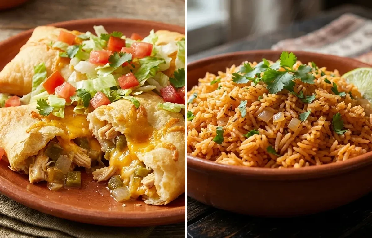 Chicken Sopapillas with Green Chile with Spanish Rice