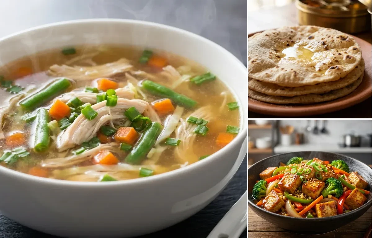 Chicken soup + roti + stir-fry veg