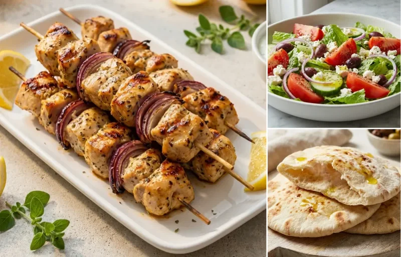 Chicken Souvlaki Skewers with Greek Salad, Tzatziki and Pita Bread