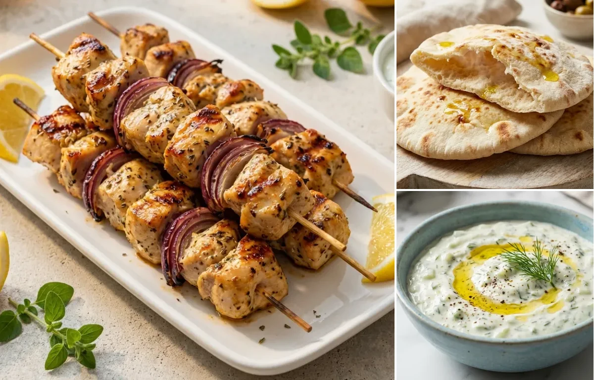 Chicken Souvlaki Skewers with Pita Bread and Cucumber Tzatziki Sauce