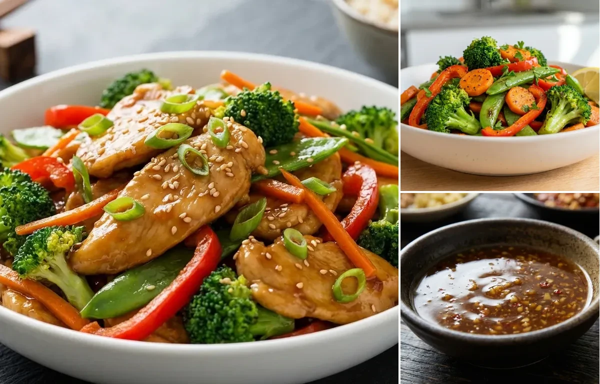 Chicken Stir Fry with Sauteed Mixed Vegetables and Soy Ginger Sauce