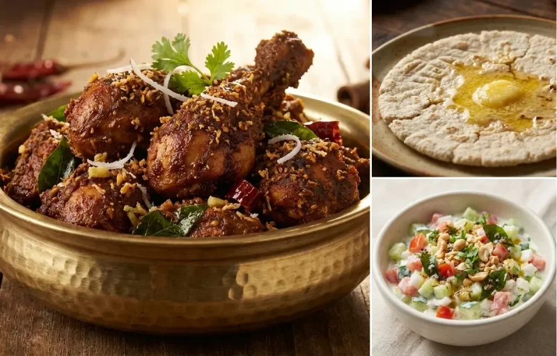 Chicken Sukka with Jowar Bhakri and Koshimbir