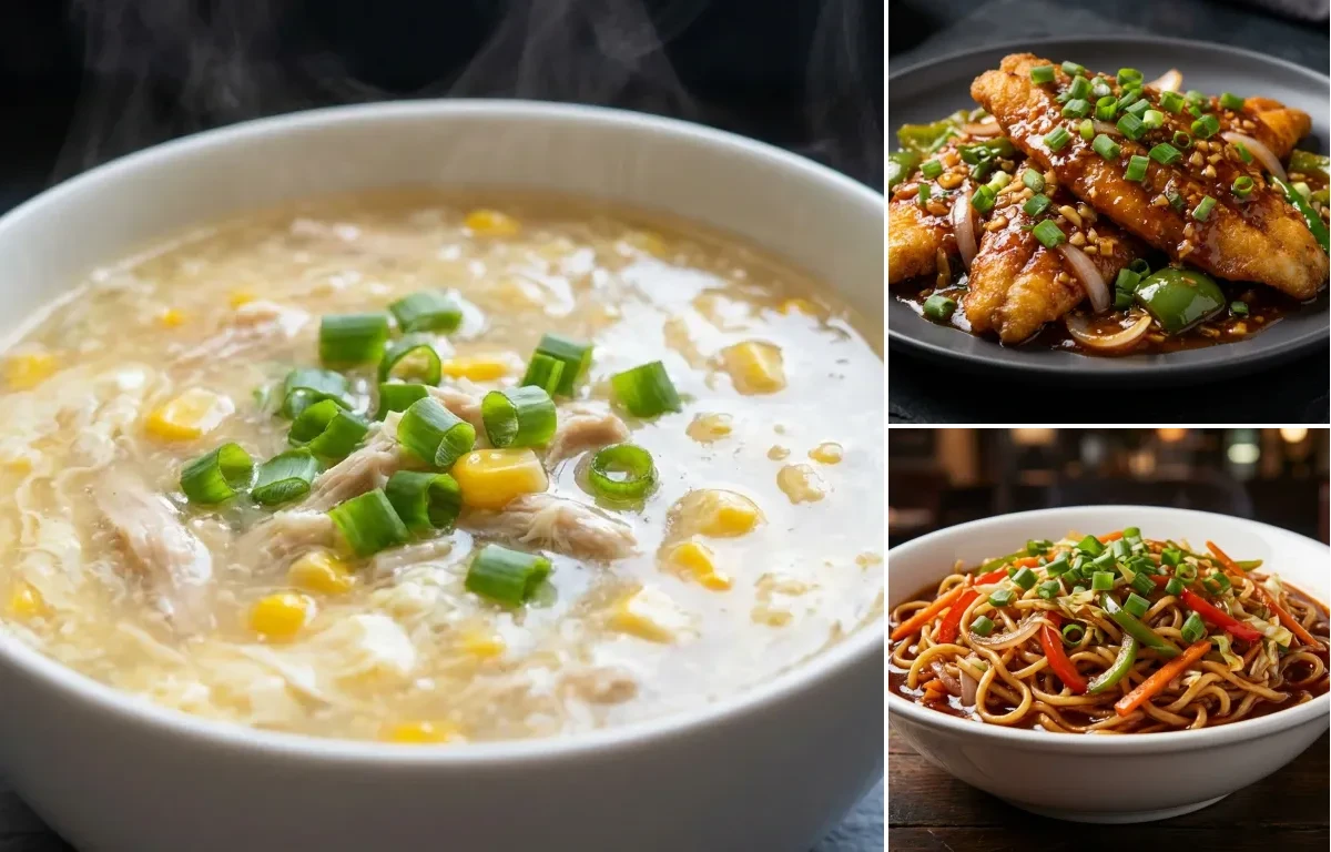 Chicken Sweet Corn Soup with Dry Garlic Fish and Vegetable Szechuan Noodles