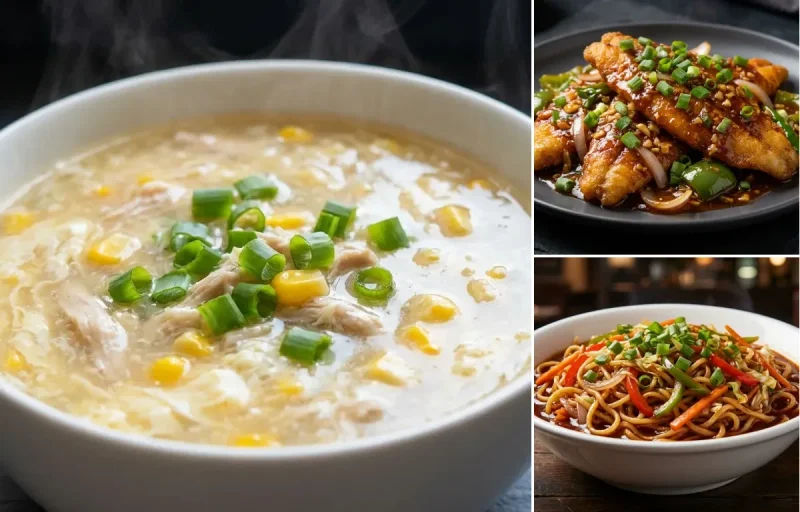 Chicken Sweet Corn Soup with Dry Garlic Fish and Vegetable Szechuan Noodles