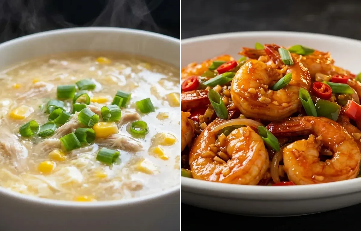 Chicken Sweet Corn Soup with Chilli Garlic Prawns