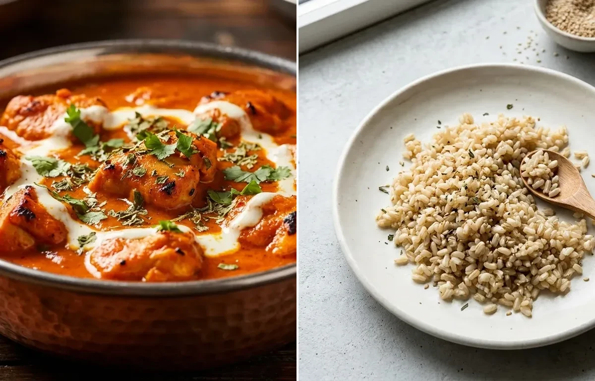 Chicken Tikka Masala with Cooked Steamed White Rice Half Cup and Cucumber Carrot Sticks With Mint Yogurt Dip