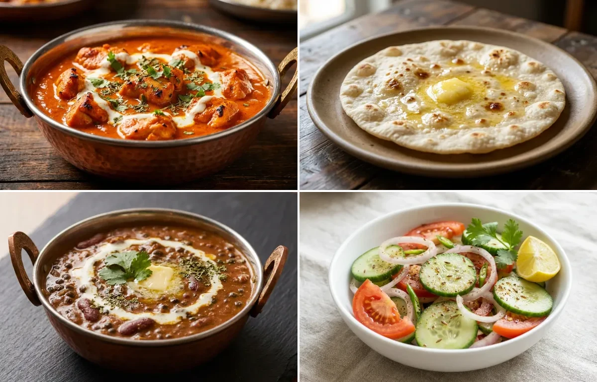 Chicken Tikka Masala with Jowar Roti with Dal Makhani with Steamed White Rice with Green Salad