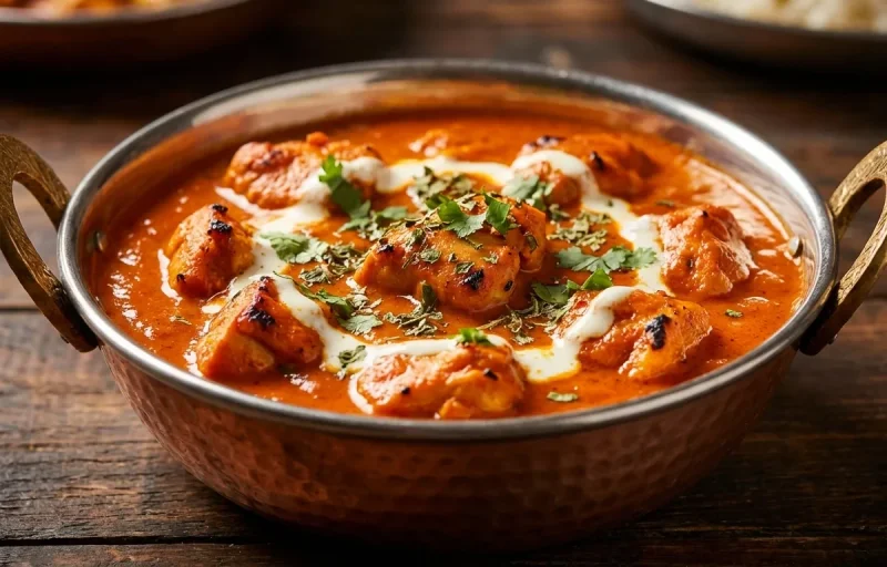 Chicken Tikka Masala with Paneer Stuffed Moong Dal Chilla, Chapati and Onion Raita