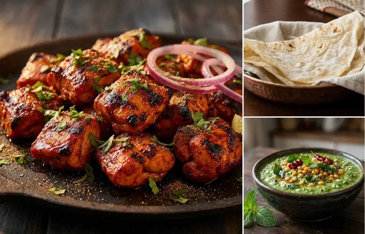 Chicken Tikka with Roomali Roti and Pudhina Chutney