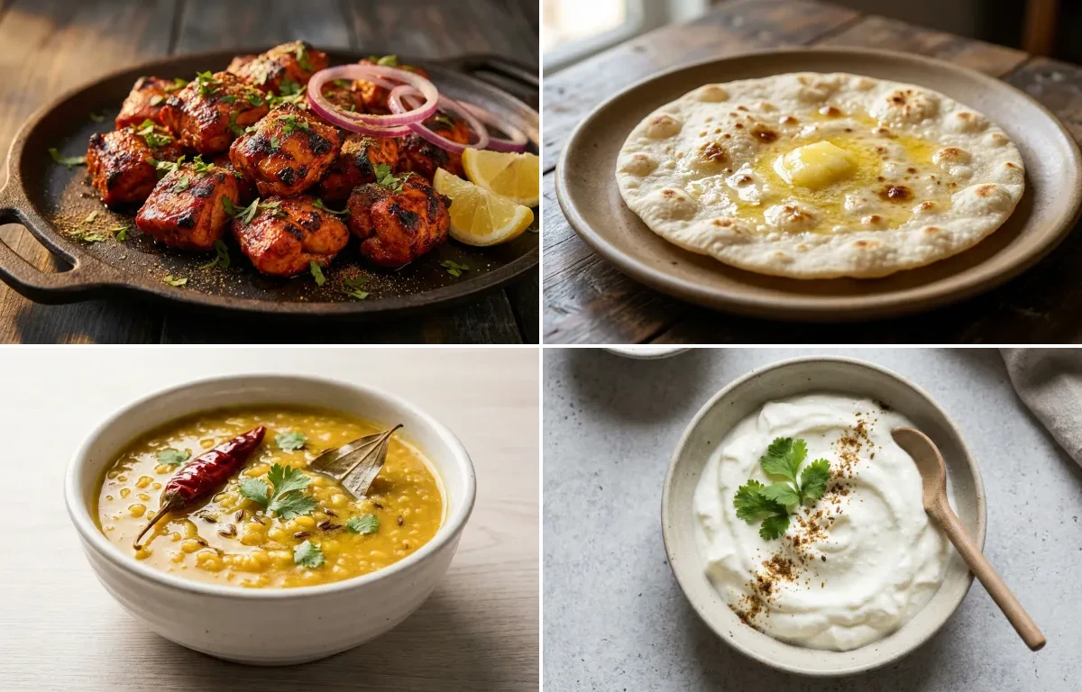 Chicken Tikka with Jowar Roti with Moong Dal with Steamed White Rice with Plain Dahi